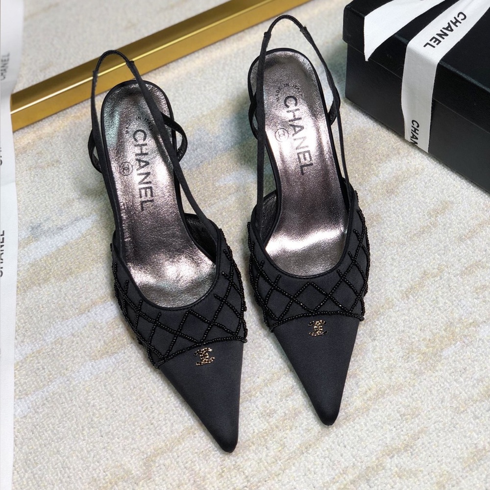 Authentic Chanel Black Satin Slingback Heels with Beaded Quilted Detail